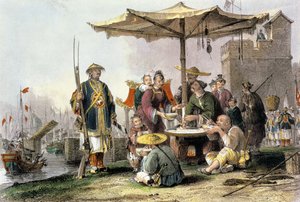 トン・ニュー・トゥの軍事基地での米売り手、ジョージ・ニューエンハム・ライト（1790-1877年頃）の「観覧の中国」から（1843年） 作： Thomas Allom
